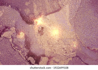 Purple and gold abstract marble pattern with sparkles. Vector background in alcohol ink technique with glitter. Template for banner, poster design. Fluid art painting
