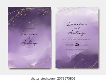 Modelo de convite de casamento em aquarela abstrato roxo e dourado