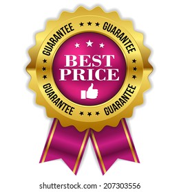 Purple gold best price badge with ribbon on white background
