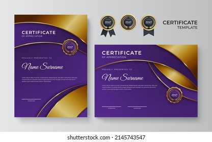 Plantilla de diseño de certificado de color morado de color dorado. Certificado moderno limpio con insignia de oro. Plantilla de borde de certificado con diseño de línea moderno de lujo. Conjunto de plantillas de vectores de certificados de diploma