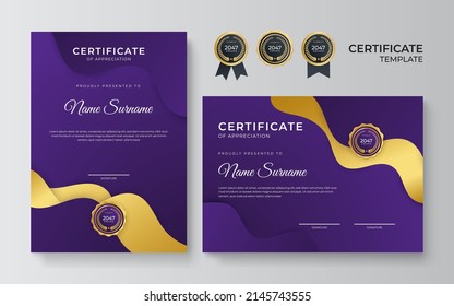 Purple gold color certificate award design template. Clean modern certificate with gold badge. Certificate border template with luxury modern line pattern. Diploma Certificate vector template set