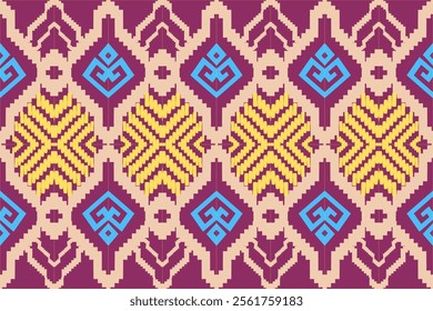 Purple and Gold Diamond Geometric Pattern: Ethnic Ikat Motif for Elegant Interiors and Modern Fashion Textiles.