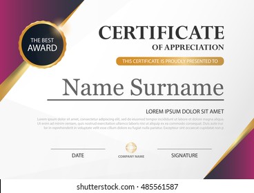 Purple gold Elegance horizontal certificate with Vector illustration ,white frame certificate template with clean and modern pattern presentation