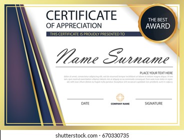 Purple gold Elegance horizontal certificate with Vector illustration ,white frame certificate template with clean and modern pattern presentation