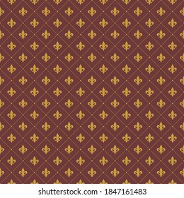 Purple and gold Fleur De Lis luxury pattern. Royal ornamental seamless background.