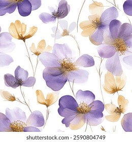 Purple and gold flowers on a white background, Flower seamless pattern. Watercolor print in rustic vintage style, textile or wallpapers.