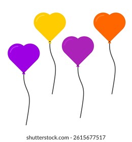 Purple and gold heart shaped Balloons with black ribbon various style. Ballons clip art cartoon style for festival or anniversary graphic resources