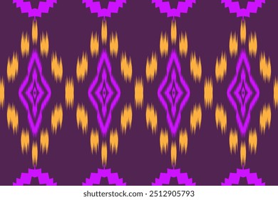 Padrão Ikat roxo e dourado com motivos geométricos arrojados, perfeito para decoração artística e desenhos têxteis étnicos