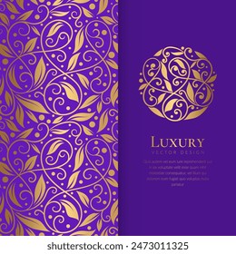 Purple and gold invitation card design with vector mandala pattern. Vintage ornament template. Can be used for background and wallpaper. Elegant and classic vector elements great for decoration.