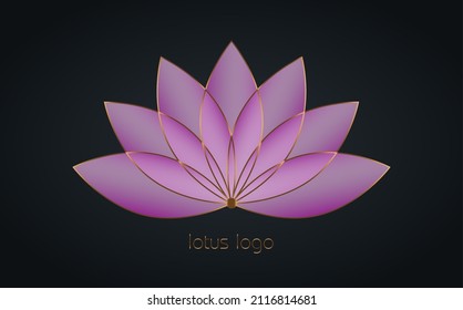 Purple Gold Lotus logo, Flower of Life. Sacred Geometry. Symbol of Harmony and Balance. Golden Luxury Sign of purity. Chakra Yoga design vector isolated on black background