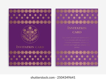 Purple and gold luxury invitation card design with vector ornament pattern. Vintage template. Can be used for background and wallpaper. Elegant and classic vector elements great for decoration.