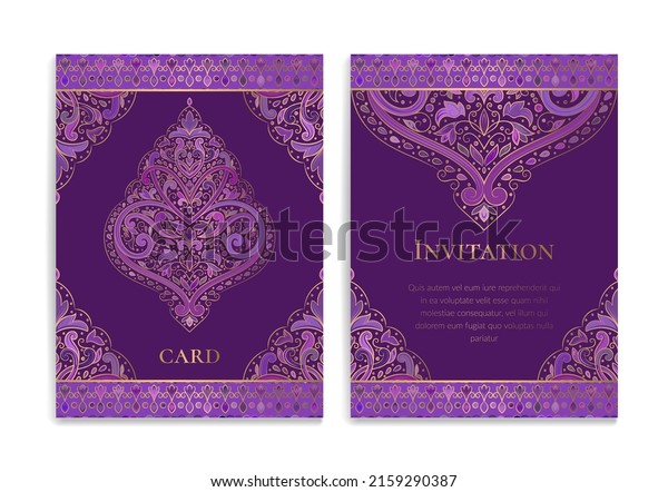 Purple and gold luxury invitation card design\
with vector ornament pattern. Vintage template. Can be used for\
background and wallpaper. Elegant and classic vector elements great\
for decoration.