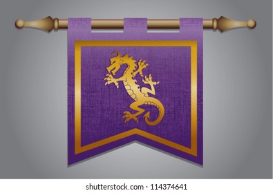 Purple and gold medieval banner flag with cloth texture and symbol of a dragon