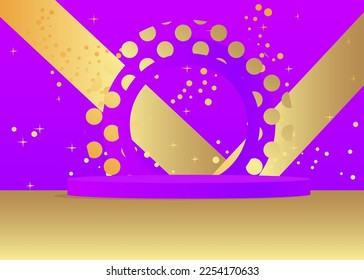 Purple Gold Mockup product display. Abstract vector 3D room, cylinder pedestal podium. Stage showcase for presentation. Futuristic Sci-fi minimal geometric forms, empty scene.