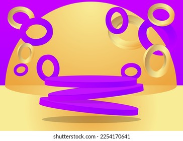 Purple Gold Mockup product display. Abstract vector 3D room, cylinder pedestal podium. Stage showcase for presentation. Futuristic Sci-fi minimal geometric forms, empty scene.