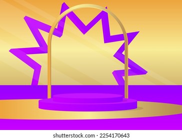 Purple Gold Mockup product display. Abstract vector 3D room, cylinder pedestal podium. Stage showcase for presentation. Futuristic Sci-fi minimal geometric forms, empty scene.