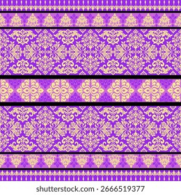 Patrón de borde adornado de oro púrpura Diseño de Vector sin fisuras Fondo decorativo étnico indio Motivo tradicional de mandala Impresión textil de lujo Fondo de pantalla oriental barroco