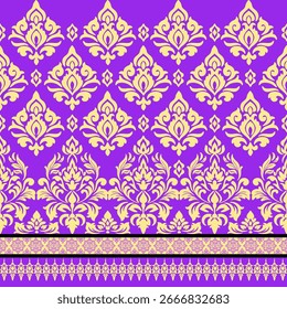 Patrón de borde adornado de oro púrpura Diseño de Vector sin fisuras Fondo decorativo tradicional indio Motivo barroco real Impresión textil de lujo Fondo de pantalla étnico oriental
