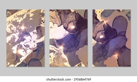 Purple and gold pattern with texture of geode and sparkles. Abstract vector background in alcohol ink technique. Modern paint with glitter. Set of backdrops for banner, poster design. Fluid art