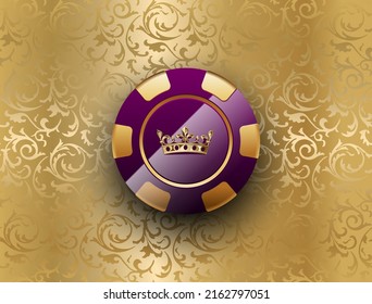 Purple gold poker chip glossy black jack poker club casino crown emblem on golden floral pattern background. Vector VIP casino chip luxury icon design. Royal casino background