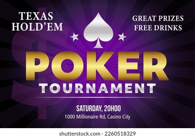 Purple and gold Poker night tournament event invitation design in vector 