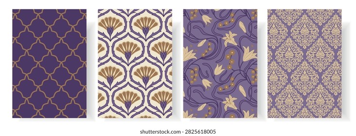 Purple and gold seamless pattern collection featuring Victorian botanical motifs, ornamental damask, stylized thistle and decorative lattice designs for fabric, wallpaper, stationery and packaging.