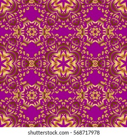 Purple and gold seamless pattern. Polka dots, confetti. Art deco style. Shiny backdrop. Texture of gold foil. Vector illustration. Abstract geometric modern background.