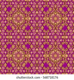 Purple and gold seamless pattern. Shiny backdrop. Vector illustration. Abstract geometric modern background. Art deco style. Texture of gold foil. Polka dots, confetti.