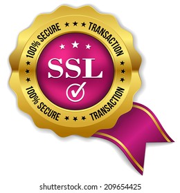 Purple gold secure transaction badge with ribbon on white background