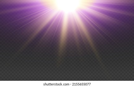 Purple and gold shine gradient glitter, white bright flare. Glare sun. Glowing light effect stars bursts with sparkles. Glitter golden star sparks on transparent background. Xmas lights. Vector