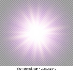 Brillo gradiente de brillo púrpura y dorado, bombilla blanca brillante. Glare sun. Las estrellas de efecto luminoso brillan con destellos. Una estrella dorada brillante brilla sobre un fondo transparente. Luces de Navidad. Vector