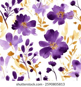 Purple and gold watercolor floral on a white background, Flower seamless pattern. Watercolor print in rustic vintage style, textile or wallpapers.