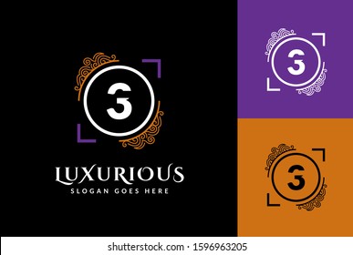 Purple gold white royal ornament circle number 3 icon design. Vector logo template