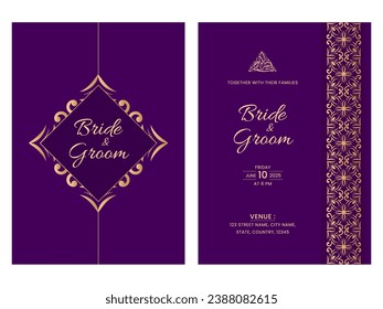 Purple And Golden Color Arabic Invitation Cards For Islamic Wedding.