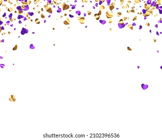 Purple and golden foil hearts confetti on white background. Space for text. Wedding, birthday, Valentine's Day. Vector holiday illustration.