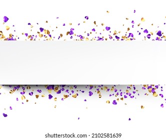 Purple and golden foil hearts confetti with empty line for text. Wedding, birthday, Valentine's Day. Vector holiday illustration.