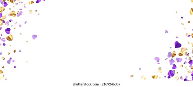 Purple and golden foil hearts confetti corner frame on white background. Wedding, birthday, Valentine's Day. Vector holiday illustration.