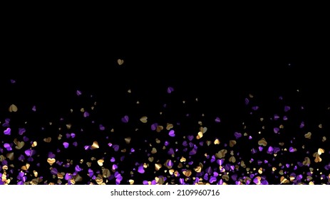 Purple and golden foil hearts confetti on black background. Wedding, birthday, Valentine's Day. Vector holiday illustration.