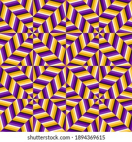 Purple golden optical illusion seamless pattern. Abstract moving wallpaper of mosaic.