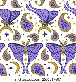 Purple and golden seamless pattern with celestial luna moth and paisley motif. Stars and moons boho wallpaper. Nocturnal butterfly background.