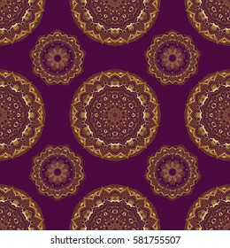 Purple and golden seamless pattern. Geometric repeating vector ornament with golden elements. Seamless abstract modern pattern on a purple backdrop.
