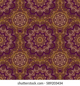 Purple and golden seamless pattern. Geometric repeating vector ornament with golden elements.