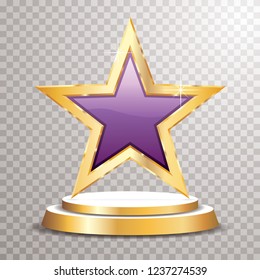 purple golden star on golden podium, vector template for cosmetics, show business, sports or something else