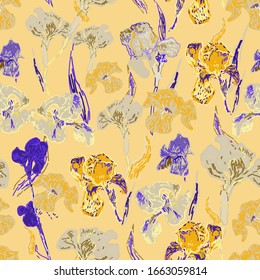 Purple, goldenrod irises flowers on a background of ochre color. Vector illustration, seamless pattern based on the oil painting of Van Gogh.