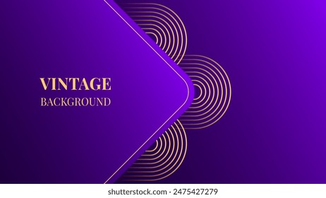 Purple gradient abstract background with gold wavy lines design. Vintage geometric pattern. Retro poster or web banner template. Blended lines	
