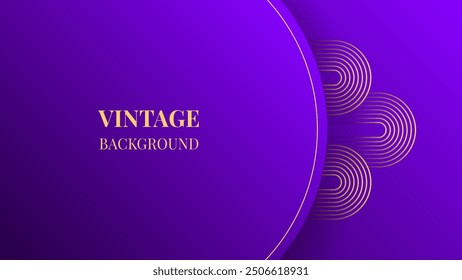 Purple gradient abstract background with gold wavy lines design. Vintage geometric pattern. Retro poster or web banner template. Blended lines	
