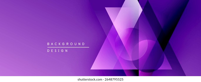 Purple gradient background features abstract geometric shapes. Overlapping triangles create dynamic visual effect. Modern design elements present.