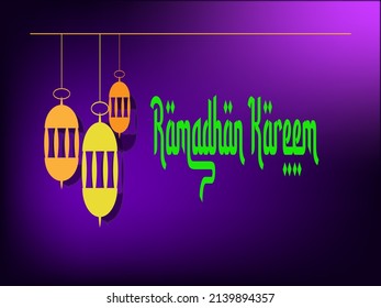 Purple gradient background with lantern decoration and welcome Ramadan greetings