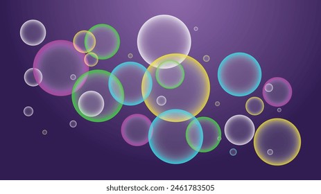 Purple Gradient background with transparent bubbles ball  shapes. Morphing colorful blobs. Liquid colors. Banner or sign design. Collection of realistic soap bubbles background wallpaper and any use.