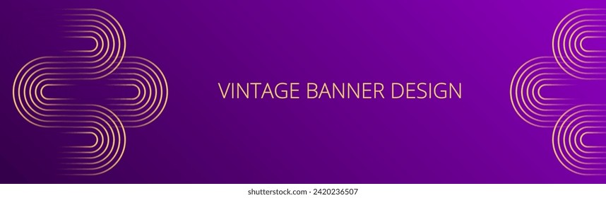 Purple gradient banner. Abstract background with gold wavy lines design. Vintage geometric pattern. Web banner template. Blended lines